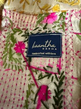Kaantha Karma Embroidered Silk Kimono- Pink & Green Floral